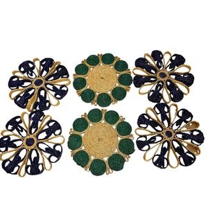 Wicker Trivet SET of 6 Rattan Straw BOHO Large 7" Colorful Woven Hot Plate Vtg